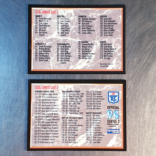 1994 Dynamic Series 2 Rugby League NRL Checklist Set (2 Cards)