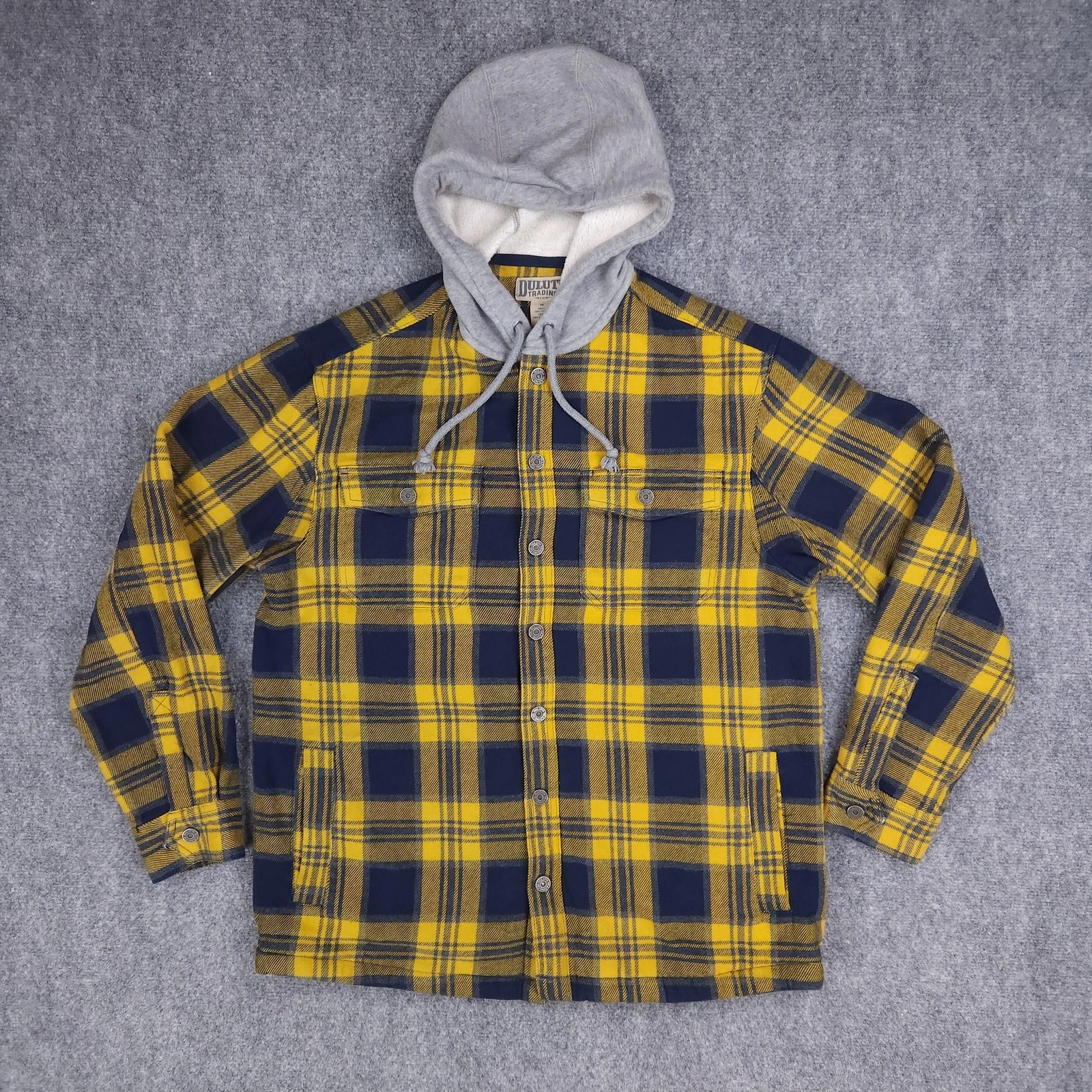 Duluth Trading Jacket Mens Medium Yellow Blue Plaid Hooded Fleece Lined Snap