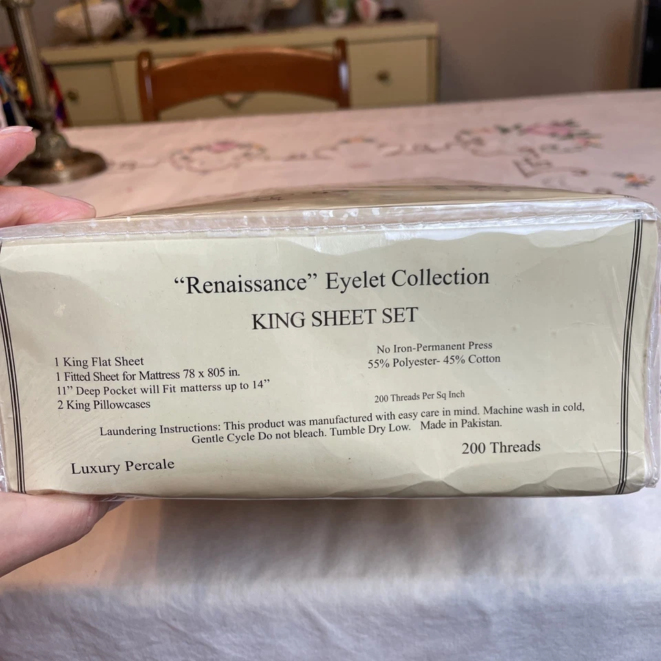 Renaissance Eyelet Collection King Sheet Set Ivory 200 Thread Count Cotton Poly - Image 4 of 4
