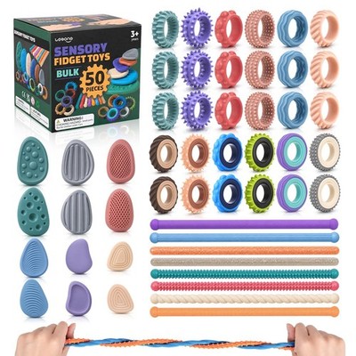 50 Pack Sensory Fidget Set Bulk - Worry Stones, Sensory Ring, Finger Spinner ...