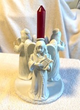 VTG 3 Ivory Bisque Ceramic Xmas Angels Taper Candle Holder w/Harp/Book/Trumpet