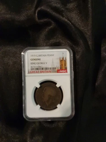 1919 Great Britain Penny Coin, King George V, NGC Slabbed Graded, Genuine