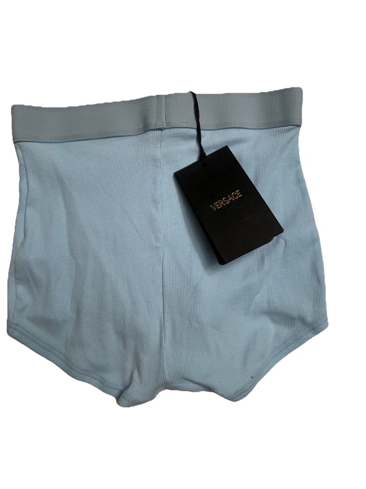 Shorts Versace anos 90 logotipo vintage com nervuras azul claro tamanho 4 novo com etiquetas autêntico $150 - Imagem 2 de 4