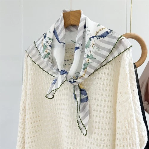 Nuevo Para Mujer 65cm Doble Crepé Seda Bufanda Borde Encaje Ligero Protección Solar Foto 3 de 4