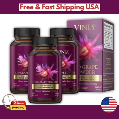 3PACKS Vinia Red Grape Powder Rapid Absorbtion Piceid Resveratrol 60 Capsules
