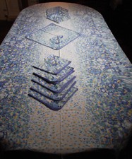 Service de table 12 couverts Anne de Solène "iris bleus"  - nappe 3m00 x 1m60