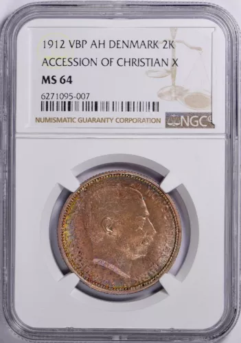 Denmark 1912 VBP Silver 2 Kroner (KM-811) Christian X Accession NGC MS64 Nicely
