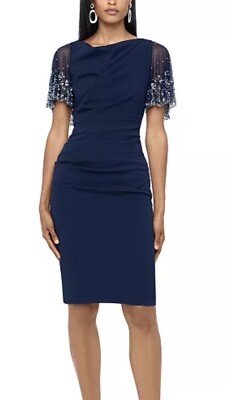 betsy and adam beaded sleeve dress Betsy & Adam Beaded-Sleeve Sheath Dress - Navy/Silver - Size 12