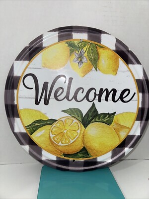 Round Tin Sign Easter Welcome Lemon Wreath Sign Metal Tin Sign Kitchen Pub 