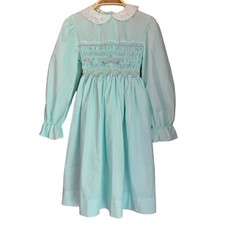 Vintage girls Sz 7 Polly flinders hand smocked dress blue floral long sleeve