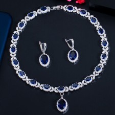 Elegant Blue Cubic Zirconia Leaf Oval Drop Necklace Women Costume Jewelry Set