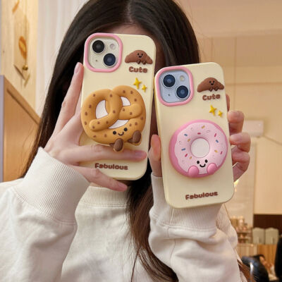 Cute 3D Donut Silicone Stand Phone Case For iPhone 16 15 Pro Max 14 13 12 Cover