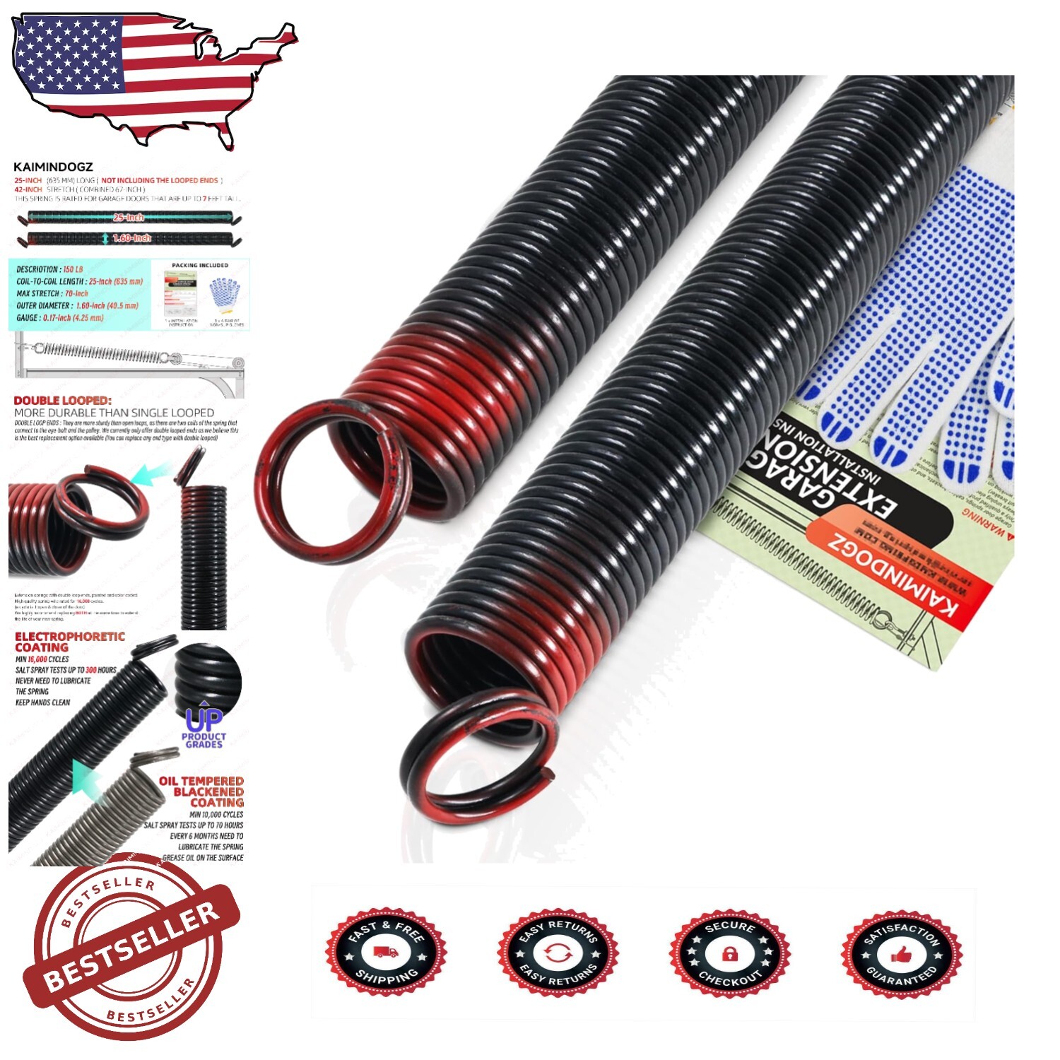 High Precision 150lb Garage Door Springs - 16K Cycles Includes Gloves  