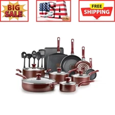 T-fal Easy Care, 20 Piece Non-Stick Pots and Pans Cookware Set, Red-NEW