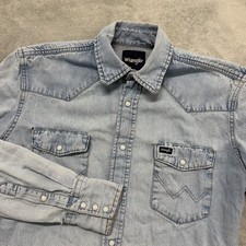 Vintage Wrangler Shirt Mens Medium Chambray Pearl Snap Distressed