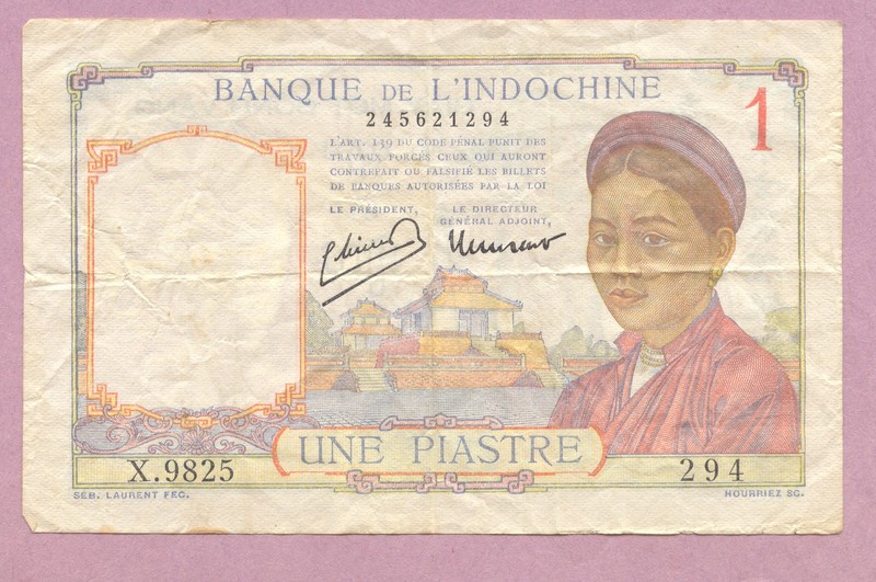 French Indo China 1 Piastre, Laos, 1946 or 1949, p-54c or e