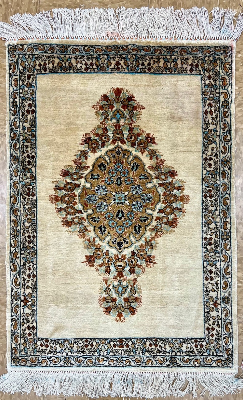 Antique Vintage Silk Hand Knotted Oriental Area Rug 2x3 Ivory Mint Unused Boho