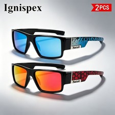 2Pcs Men Polarized Sunglasses UV400 Square Mirrored Lens Printed Temple Fishing