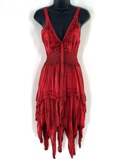 Summer Brick Red Asymmetrical Handkerchief Hem Dress with Smocked Waist/Back