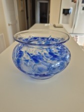 Bol vase en verre soufflé à la main bleu et transparent fleurs 4" de haut design côtier nautique