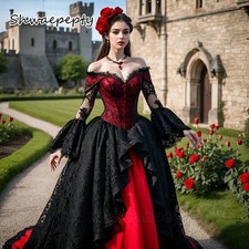 Wedding Dress Black And Red Elegant Bridal Gowns Flare Long Sleeves  A Line Lace
