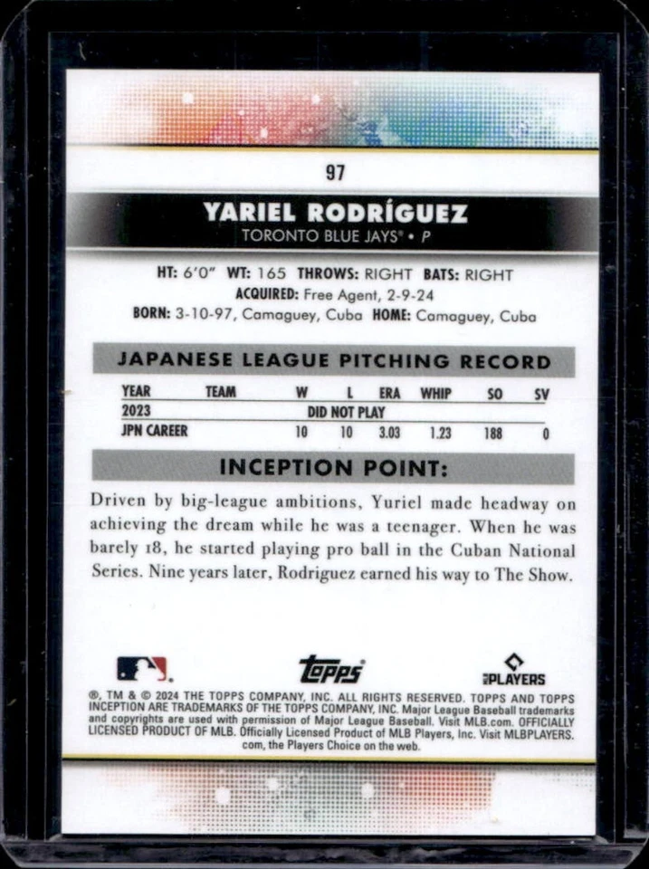2024 Topps Inception Yariel Rodriguez RC Rookie #97 Blue Jays - Image 2 of 2
