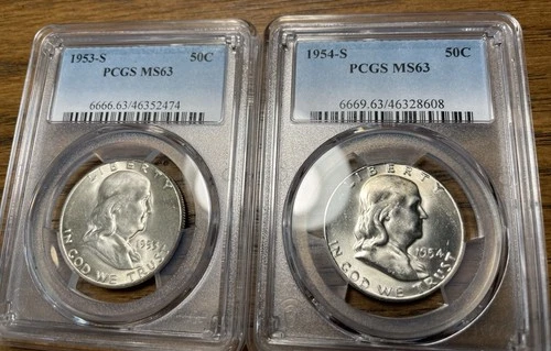 1953-S and 1954 S PCGS MS63 Silver Franklin Half Dollar (2) Coin Lot Flashy PQ++