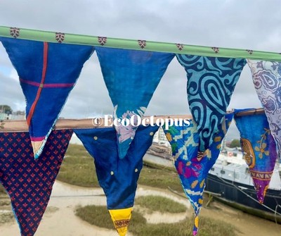 Handgefertigte blaue Wimpelkette, recycelte Wimpelkette, umweltfreundliche Wimpelkette, Festival