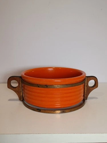 BAUER Orange Ring Ware Copper Wood Rack Art Deco Casserole Dish