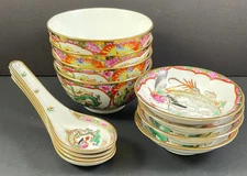 Zhongguo Chinese Porcelain Bowl Spoon & Dish Famille Dragon 12 PC Set Vintage