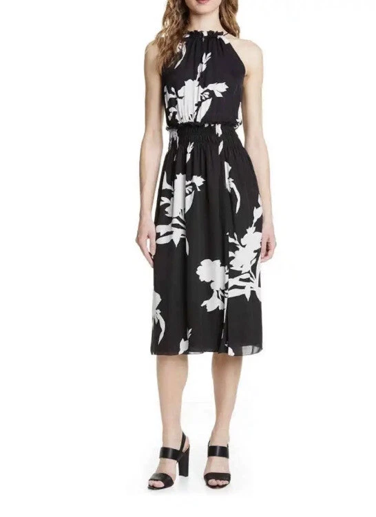 $428 Vestido Joie Pequeño Jerelle Floral Cuello Halter Seda Midi Negro Blanco Cuello Alto Foto 3 de 4