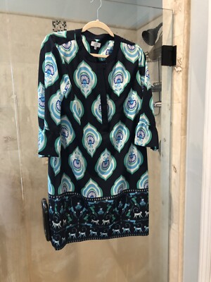 Nwt Crown & Ivy ( M L ) 10 Dress Tunic Summer Trellis Rainforest Blue Green New