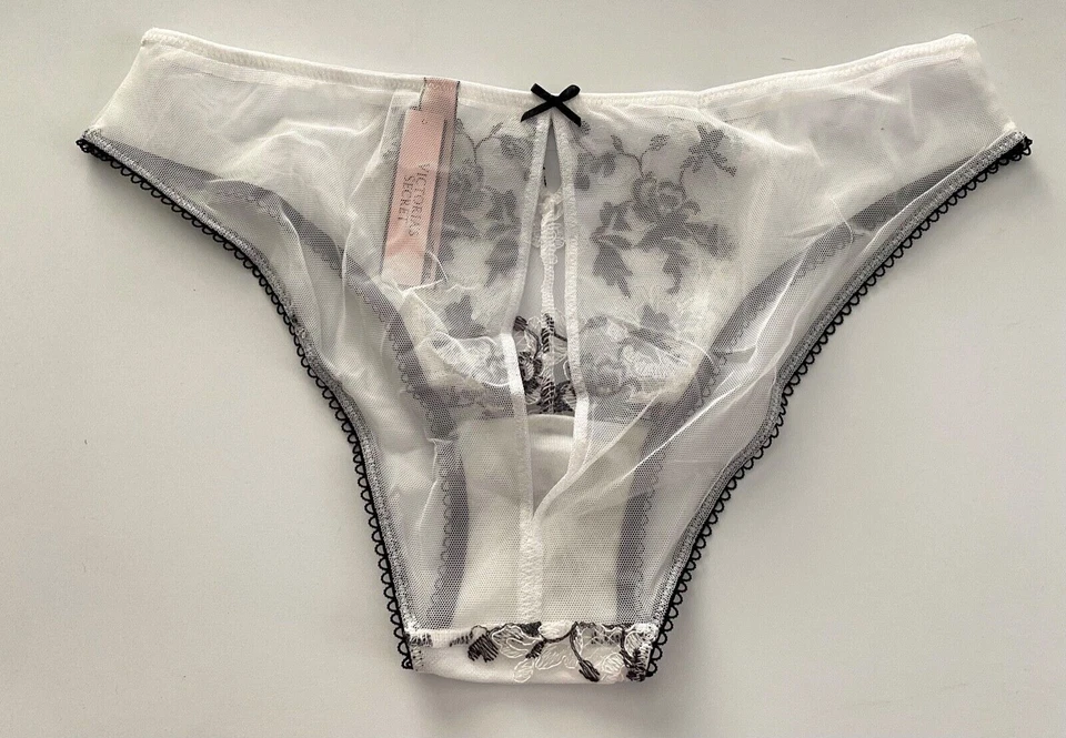 Victoria's Secret Panty Dream Angels Blanco Negro Malla Transparente Floral Cheekini Abierto Foto 2 de 4