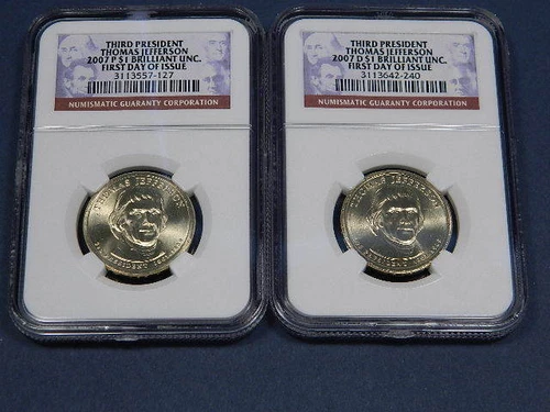 2007  P+D THOMAS JEFFERSON NGC BU FIRST DAY OF ISSUE DOLLAR COINS