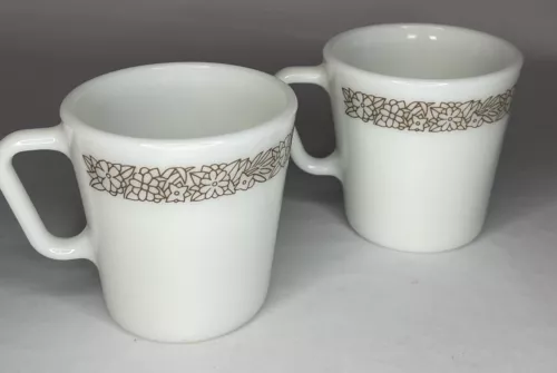 Vintage Pyrex Coffee Cups Mugs D Handle 8 oz Woodland Brown 1410 Set 2