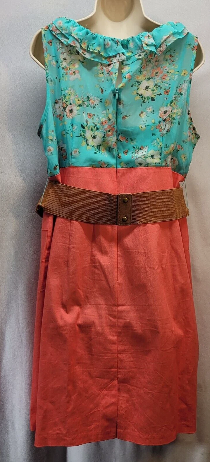 Abito tubino floreale Alyx taglia 16 blu rosso mini volant senza maniche zip collo barca