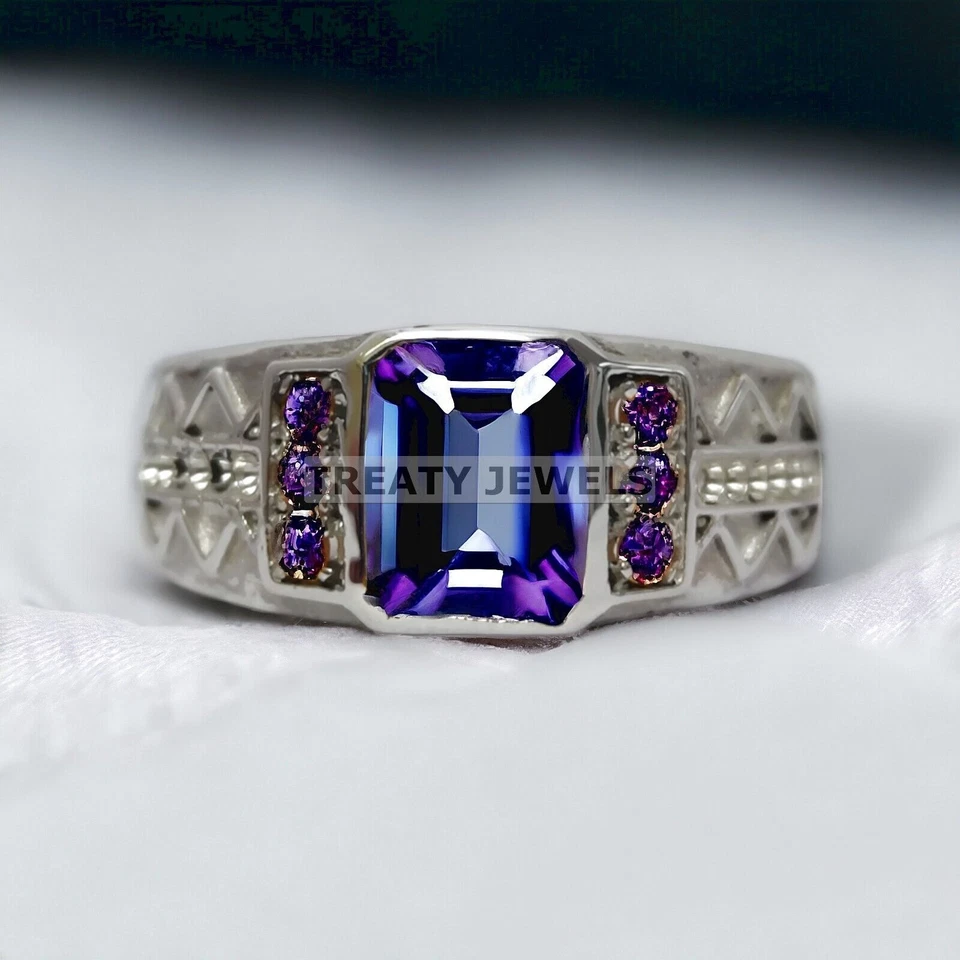 Piedras preciosas de alejandrita talla octágono con anillo de plata de ley 925 para hombre #14 Foto 2 de 4