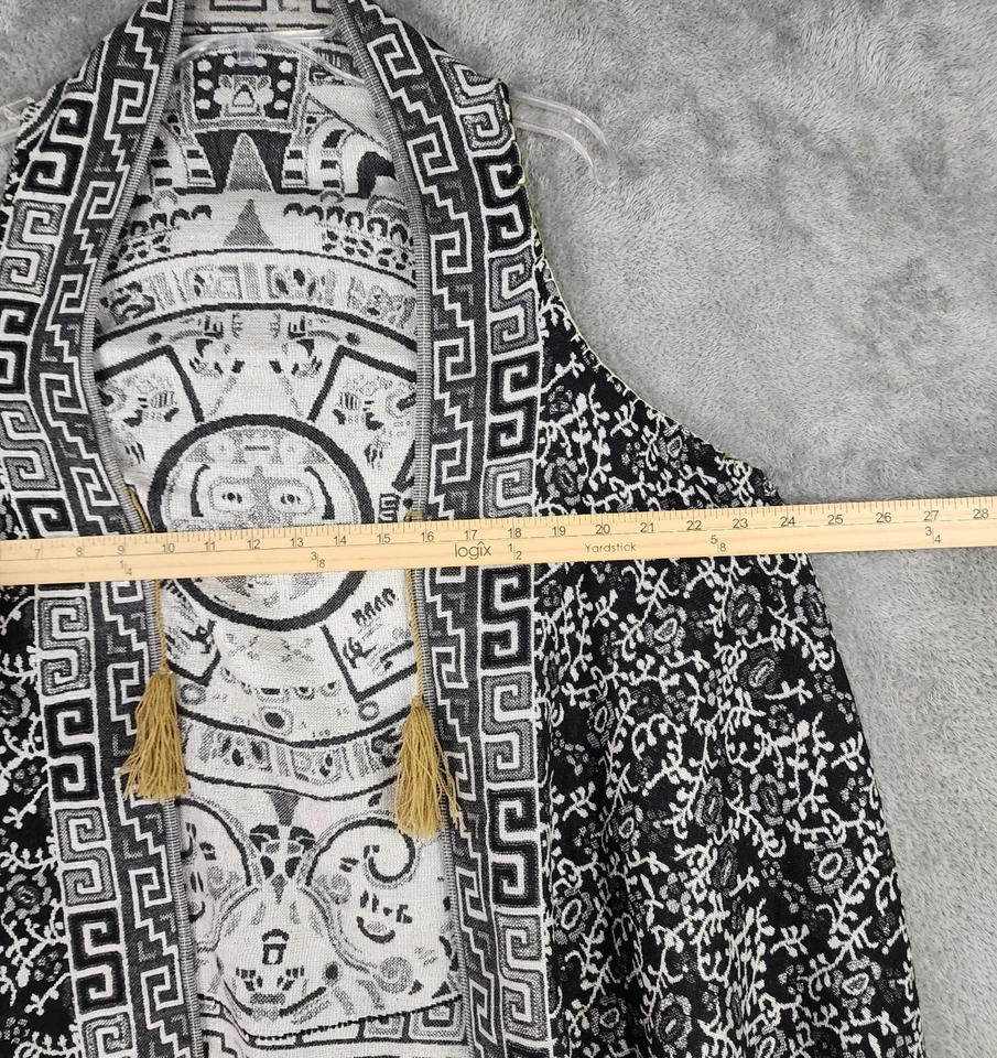 Chaleco Mexicano Mujer L/XL Plateado Metálico Estampado Azteca Borlas Flecos Frente Abierto Foto 4 de 4