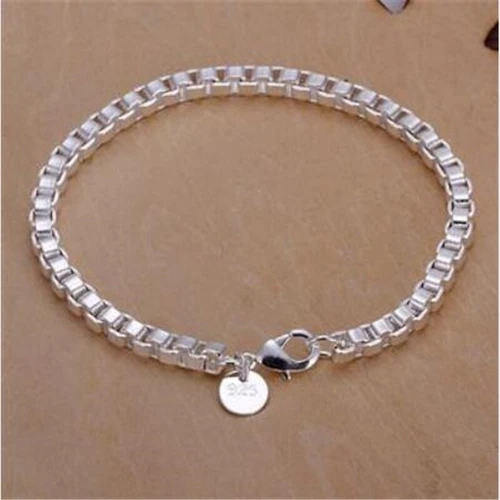 925 Sterling Silver Box Link Chain Bangle Bracelet For Women