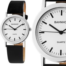 Herrenuhr Bahnhofsuhr Band schwarz Ziffernblatt weiß Armbanduhr Bahnhof 36mm