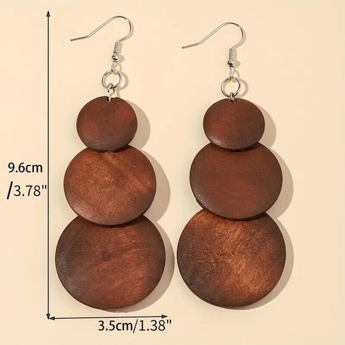 Women Retro Elegant Brown 3 Circle Design Dangle Earrings Wooden Jewelry Trendy - Picture 2 of 3