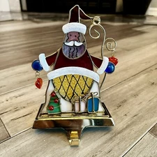 Stained Glass Santa Claus With Presents Christmas Stocking Holder Gold 7.5”x5”