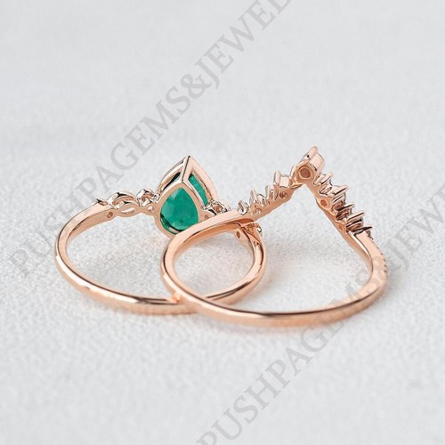 925 Sterling Silver 7x5 mm Pear Shape Natural Emerald Ring Set Cubic Zirconia - Picture 7 of 7