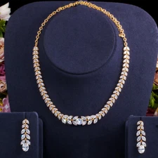 Luxury Yellow Gold Plated CZ Leaf Shaped Necklace Earrings Costume Jewelry Set