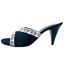 Femmes Noir Talon Haut Satin Dentelle Pantoufles UK 4 5 6 7 8 9 10 11 Travesti