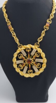 Beautiful Lge Vge Eisenberg/Amber Topaz Green Baguette/ Rhinestone Medallion 40s