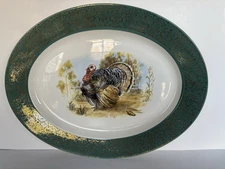 VTG Homer Laughlin Oval Thanksgiving Turkey Platter 16” X  12”, Green/Gold Trim
