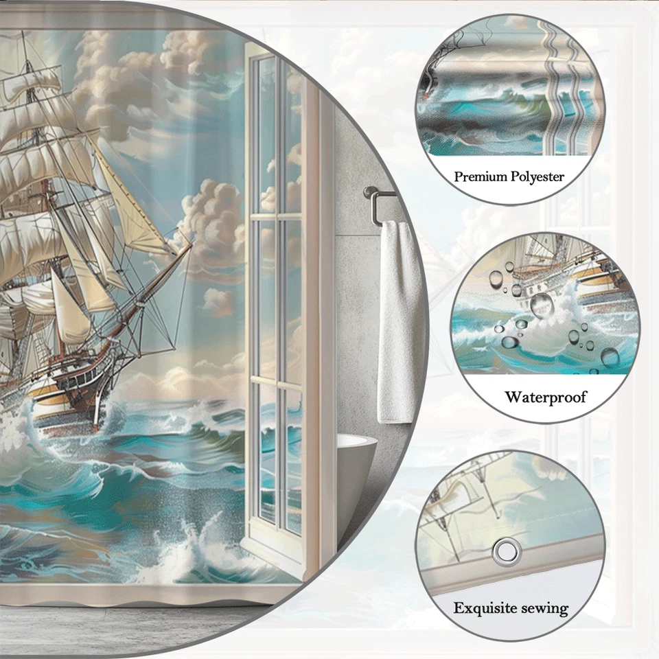 Cortina de ducha velero olas del océano baño náutico decoración estilo costero Foto 2 de 4
