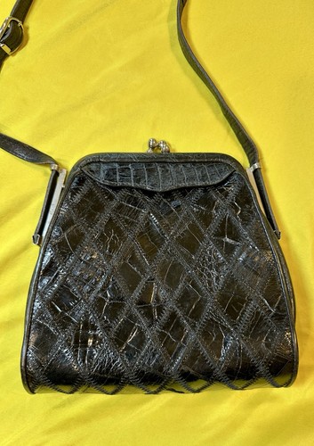 Vintage Black Leather Patchwork Crossbody Purse | Kiss Lock Frame Bag Retro 60’s - Picture 3 of 12