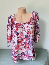 Studio Works Peasant Top Woman 2x Off Shoulder boho Boat Rayon Watercolor Cute